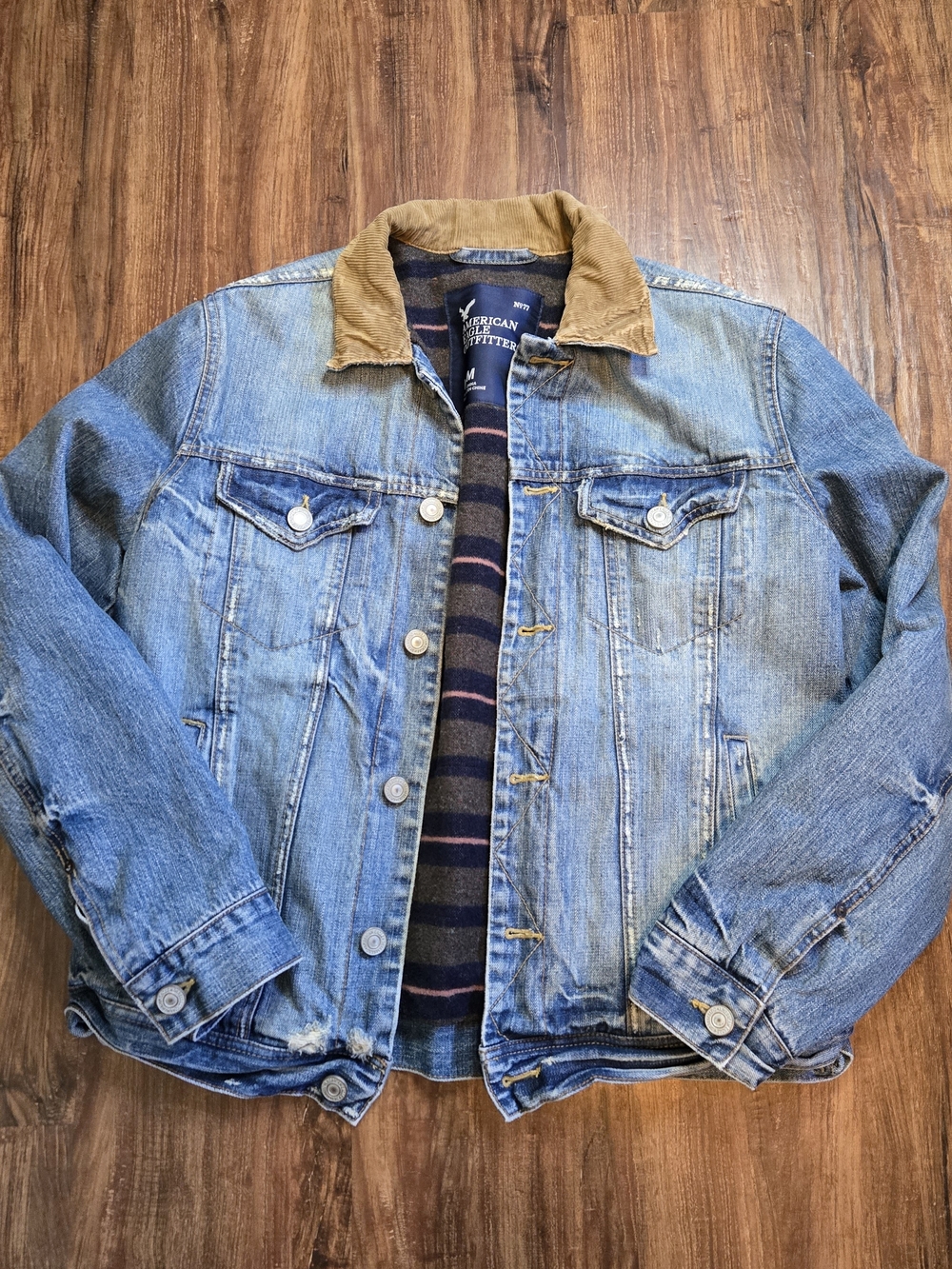 American Eagle Outfitters Blue Denim Jacket with Brown Corduroy Collar - Picture 2 of 16